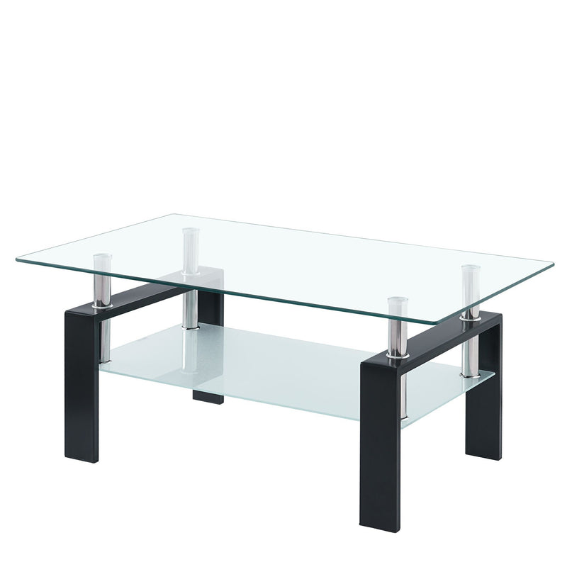 39" Glass And Steel Coffee Table With Shelf - Clear And Black