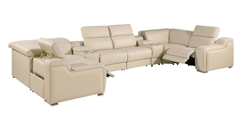 Italian Leather Power Reclining 8 Piece Corner Sectional With Console - Beige