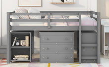 Load image into Gallery viewer, Low Study Full Loft Bed with Cabinet ,Shelves and Rolling Portable Desk ,Multiple Functions Bed- Gray
