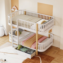 Load image into Gallery viewer, Wood Twin over Twin Bunk Bed with Fence Guardrail and a Big Drawer, White
