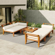 Load image into Gallery viewer, 6 Piece Patio Sofa Set, Acacia Wood Outdoor Modular Sectional Garden Furniture Set L Shaped Conversation Set, Convertible Daybed With Tea Table, Ottoman, 5 Cushions And Pillows - Teak / Beige
