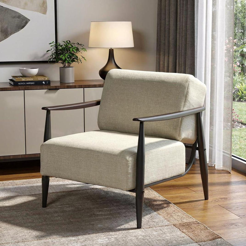 Upholstered Cushion Solid Wood Arm Chair - Beige / Black