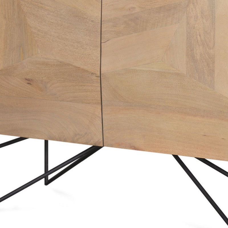 44" Solid Wood And Metal Carved Geometric Accent Cabinet With Two Doors - Natural