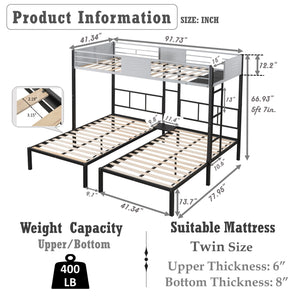 Triple Bunk Bed with Vent Board/ Sturdy Metal Frame/ Noise-Free Wood Slats/ Separatable into three beds/ No Box Spring Needed