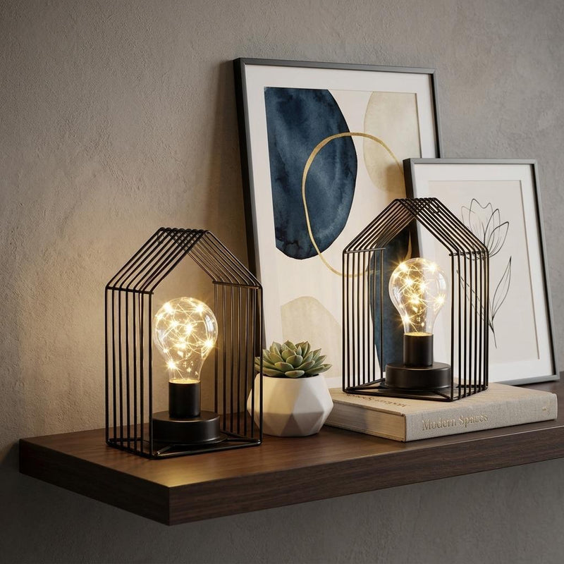 Novelty Battery Powered Desk Lamps With Cage Shades (Set of 2) - Black