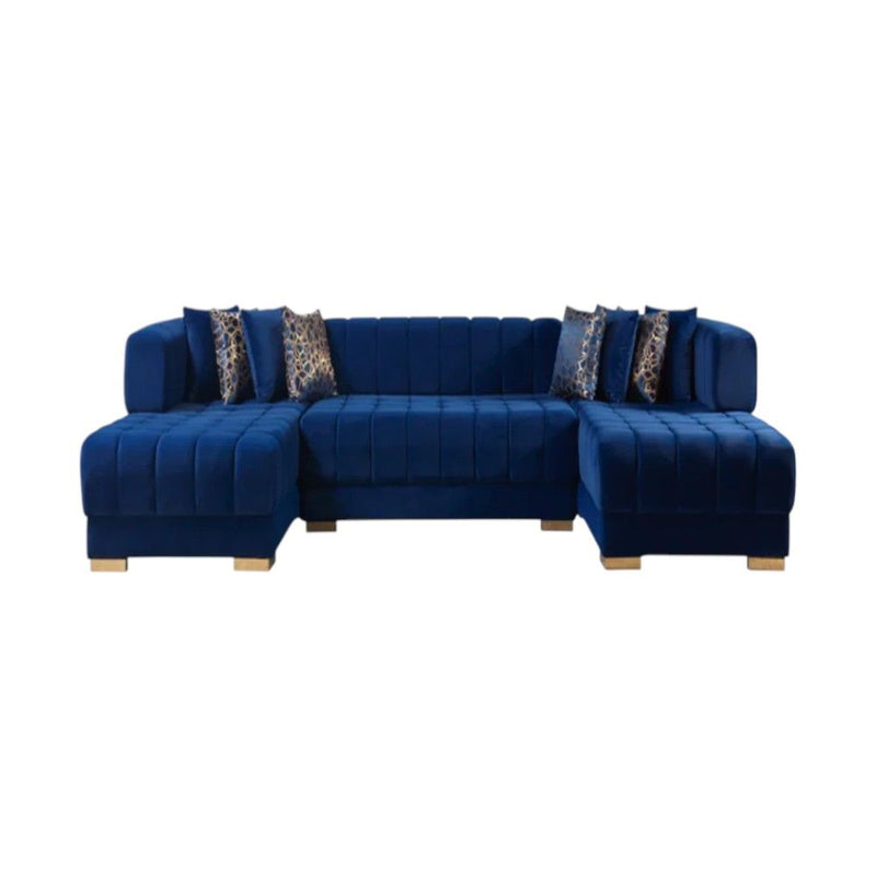 Velvet U-Shaped Three Piece Sofa Chaise Sectional With Toss Pillows - Blue