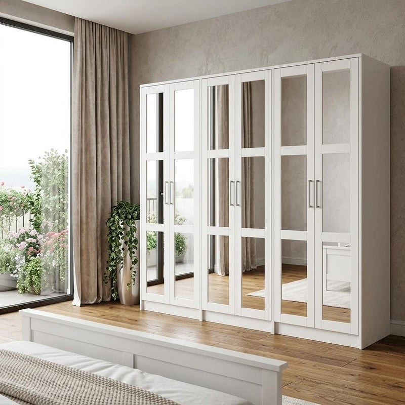 Solid Wood Mirrored Six Door Combo Dresser (765120) - White