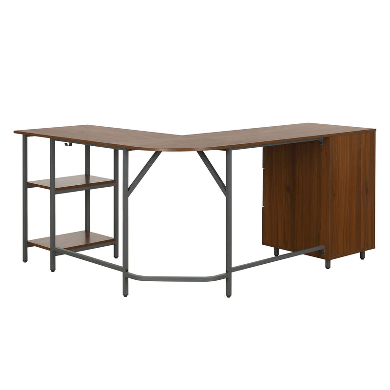 Stainless L Shape Computer Desk With Three Drawers - Walnut