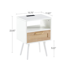 Load image into Gallery viewer, 15.75" Rattan End Table With Power Outlet &amp; USB Ports, Modern Nightstand With Drawer And Solid Wood Legs, Side Table For Living Room, Bedroom
