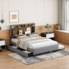 Load image into Gallery viewer, Upholstered Platform Bed With Storage Headboard, Trundle &amp; 2 Drawers And A Set Of Sockets &amp; USB Ports
