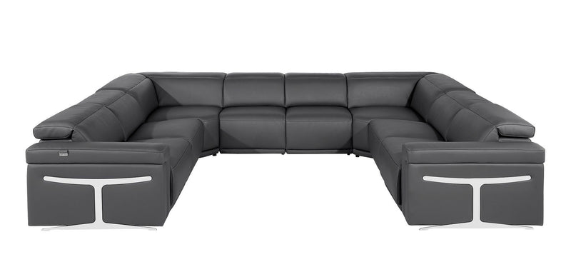 Italian Leather Power Reclining U Shaped Eight Piece Corner Sectional With Console - Dark Gray