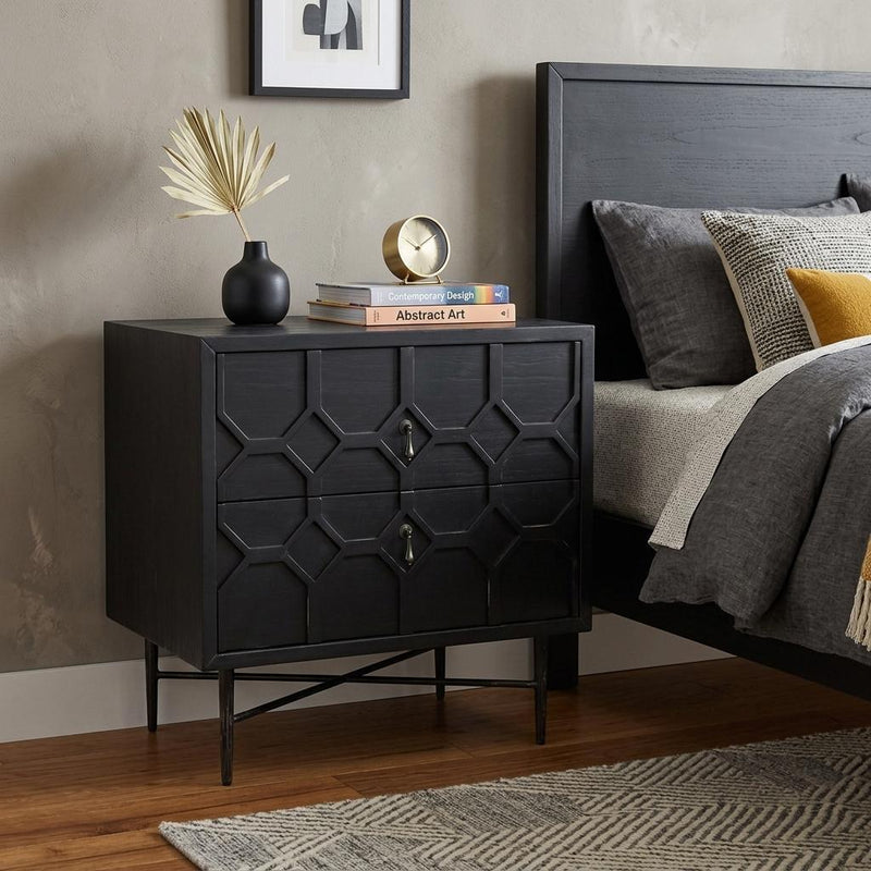 Iron And Solid Wood Distressed Carved Geometric Two Drawer Nightstand - Black