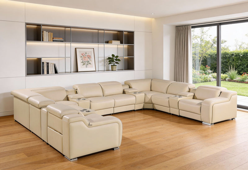 Italian Leather Power Reclining U Shaped Twelve Piece Corner Sectional With Console - Beige