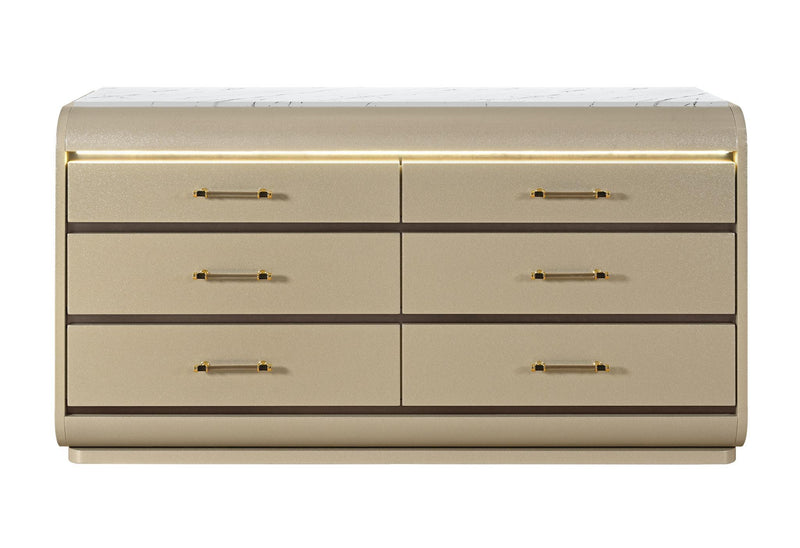 Wood Lighted Six Drawer Double Dresser - Gold