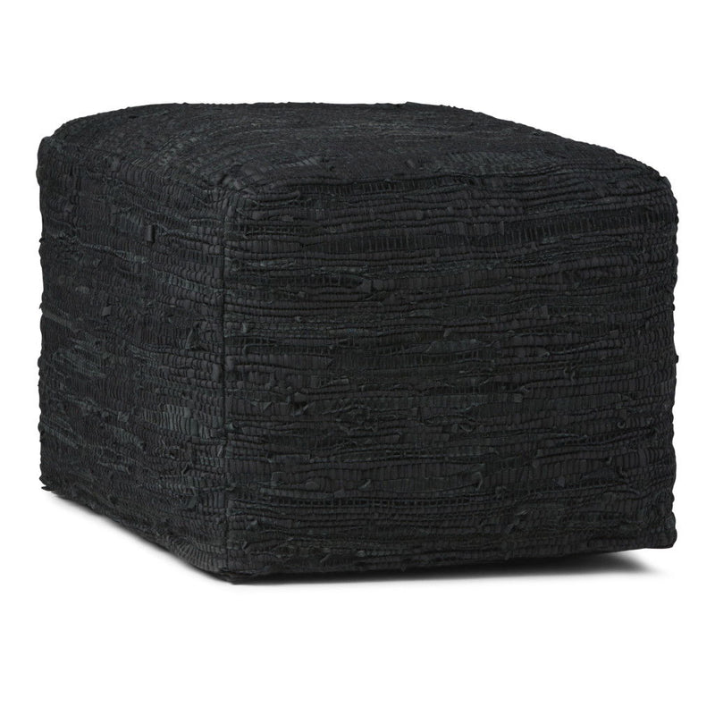 Leather Pouf Ottoman - Black