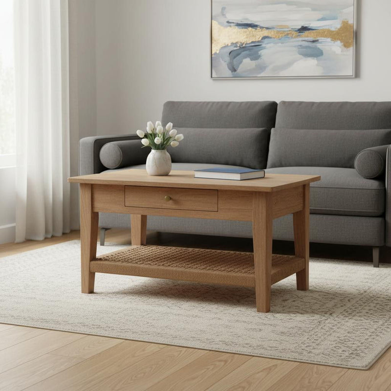 Solid Wood Floor Shelf Coffee Table With Drawer Shelf - Oak