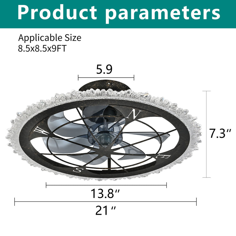 Caged Ceiling Fan & Remote Controlled Dimmable LED Lights, Flush Mount Fan, Low Profile Design - Antique Black