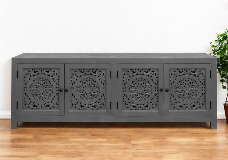 86" Carved Floral Distressed Solid Wood Enclosed Storage TV Stand - Dark Gray