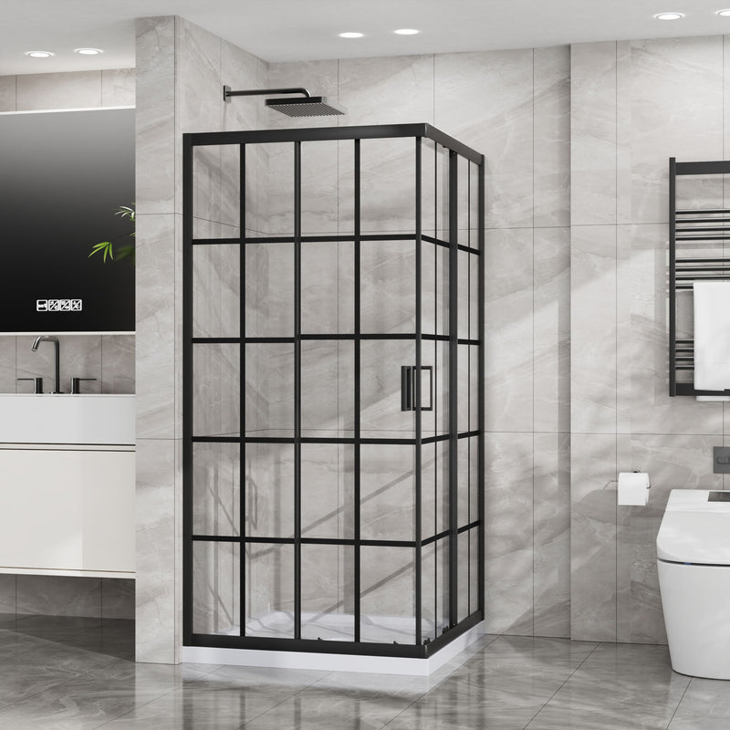 Corner Shower Enclosure Double Sliding Door & Shower Base - Matte Black