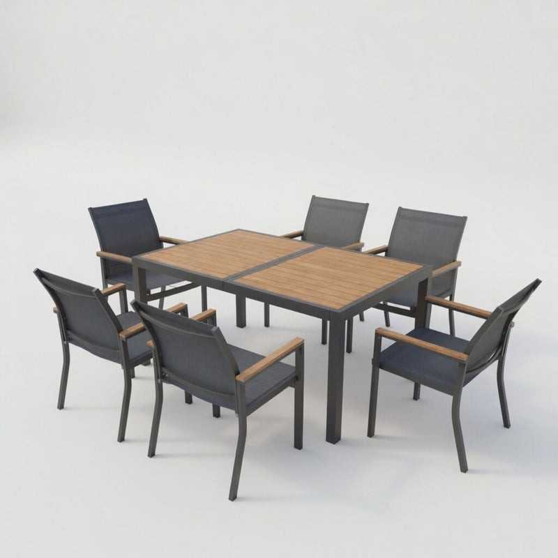 7 Piece Gray Aluminum Patio Dining Set With Textilene Chairs For Outdoor Living Frame With Accents, 59" Rectangle Table, All Weather Durable
