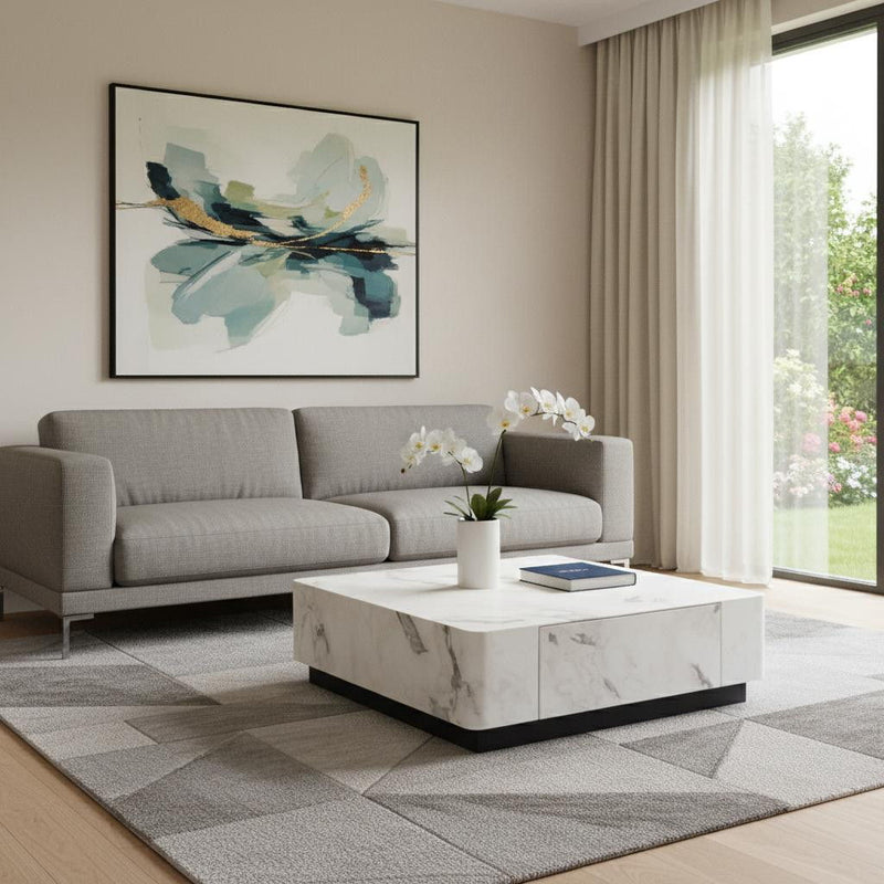 Cement Wood Square Block Coffee Table With Two Drawers - White / Black