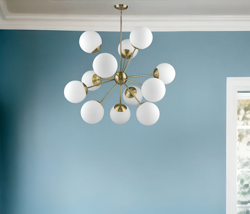 Sputnik Twelve Light Frosted Metal Dimmable Chandelier With White Shades - Brass / White