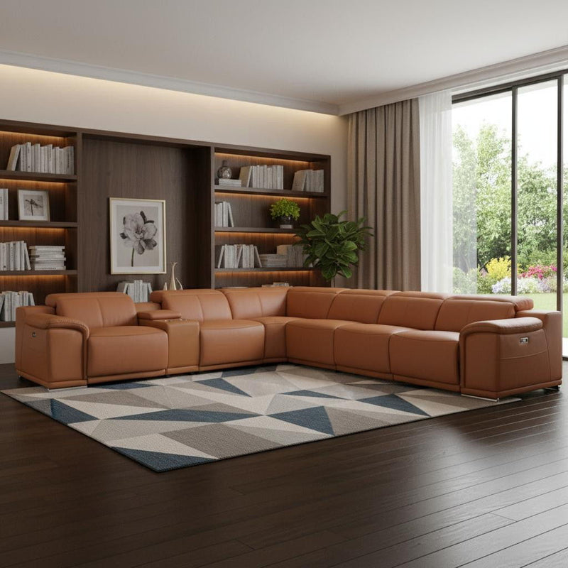 Italian Leather Power Reclining Seven Piece Corner Sectional With Console - Camel