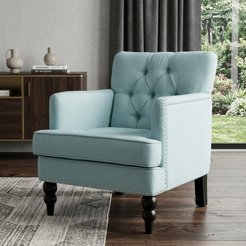 Fabric And Wood Arm Chair - Light Blue / Black