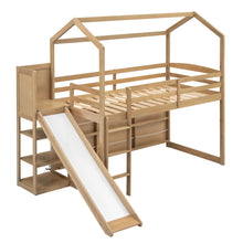 Load image into Gallery viewer, House Loft Bed With Slide, Storage Shelves And Light, Climbing Ramp
