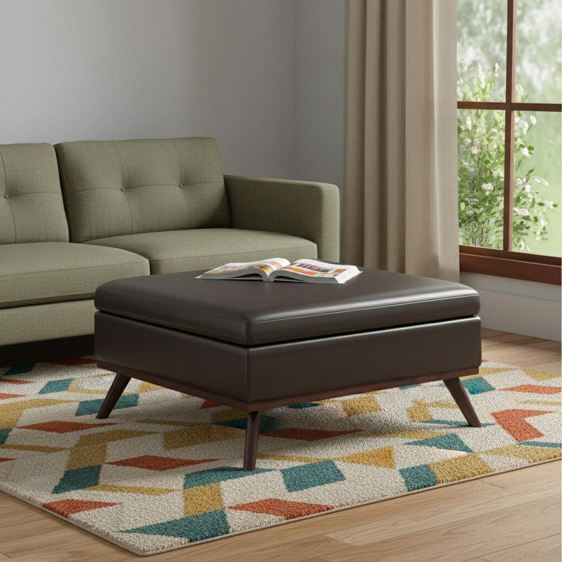 36" Leather Cocktail Ottoman With Storage - Brown