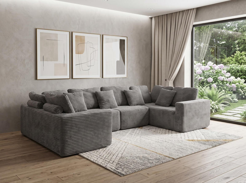 Corduroy Modular U Shaped Four Piece Corner Sectional With Console And Toss Pillows - Gray