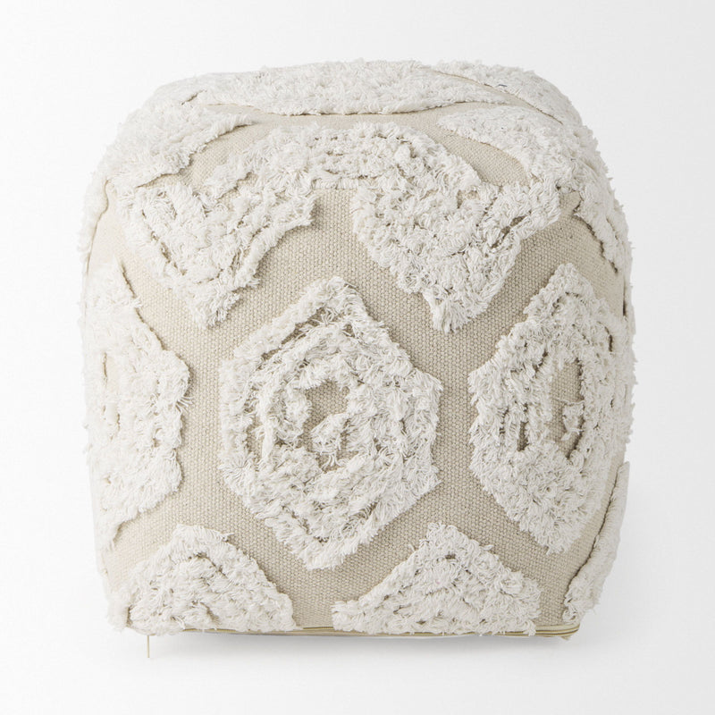 Fabric Geometric Round Pouf Ottoman - Cream / Beige