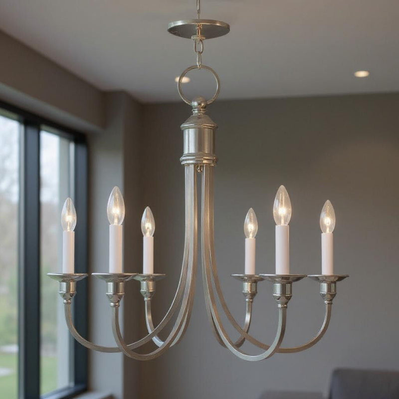 23" Six Light Metal Dimmable Chandelier With Shades - Nickel