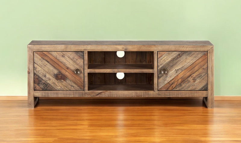Wood Reclaimed Pine And Plywood Open Shelving TV Stand - Brown