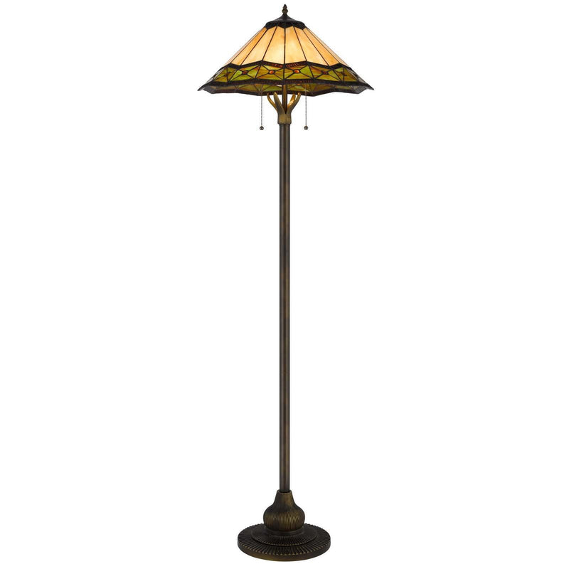 Metal Two Light Floor Lamp With Bone Green And Orange Abstract Tiffany Glass Empire Shade - Bronze
