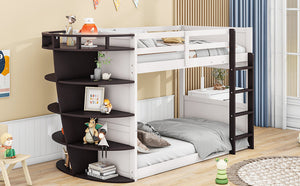 Twin over Twin Boat-Like Shape Bunk Bed with Storage Shelves, Cream+Espresso