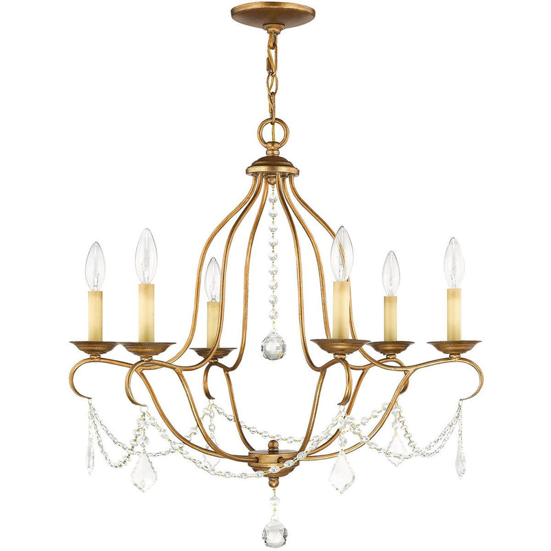 26" Six Light Dimmable Chandelier With Shades - Antiqued Gold