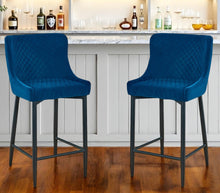 Load image into Gallery viewer, 30" Velvet And Metal Low Back Bar Height Bar Chairs (Set of 2) - Blue / Black

