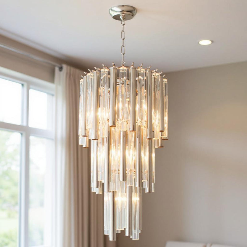 Unique Statement Seven Light Metal Crystal Glass Chandelier With Shades - Silver