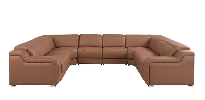 Leather Power Reclining U Shaped Eight Piece Corner Sectional With Console - Chestnut