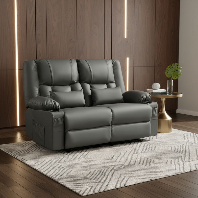 Faux Leather Manual Reclining Loveseat With Storage Toss Pillows - Gray