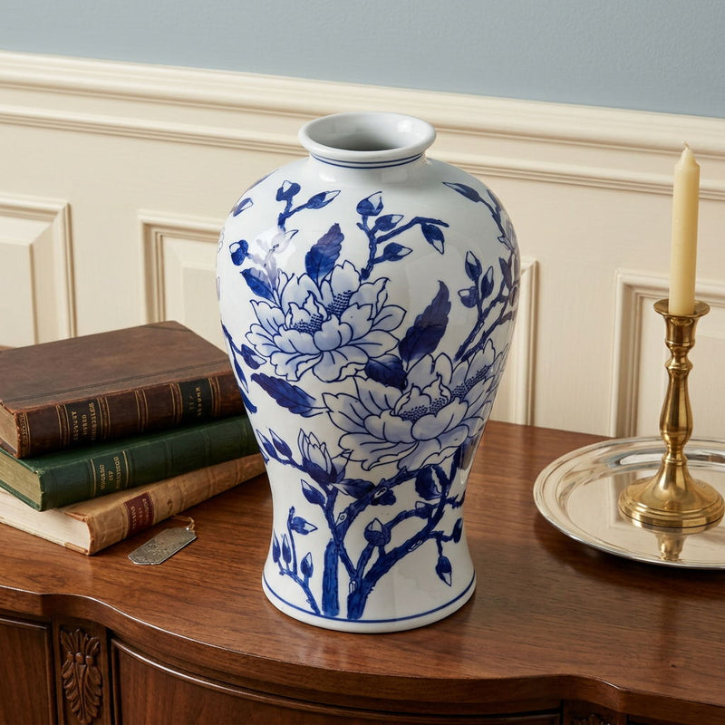 Floral Chinoiserie Round Porcelain Table Vase - Blue / White