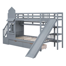 Load image into Gallery viewer, Twin-Over-Twin Castle Style Bunk Bed with 2 Drawers 3 Shelves and Slide - Gray
