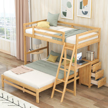 Load image into Gallery viewer, Twin over Full Bunk Bed with Built-in Desk and Three Drawers, Natural
