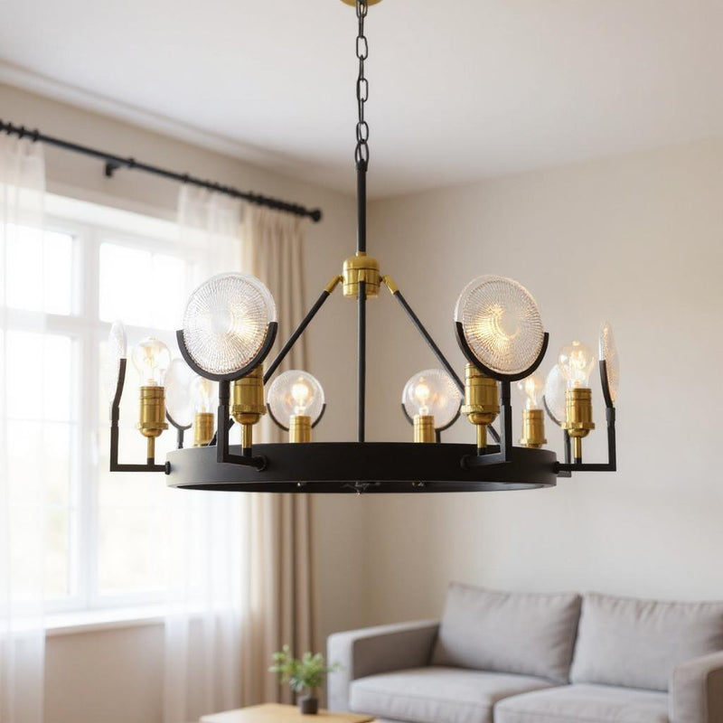Unique Statement Eight Light Metal Chandelier With Shades - Black / Gold