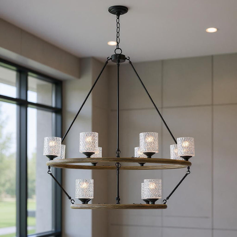 Candle Style Twelve Light Metal Dimmable Chandelier With Shades - Black