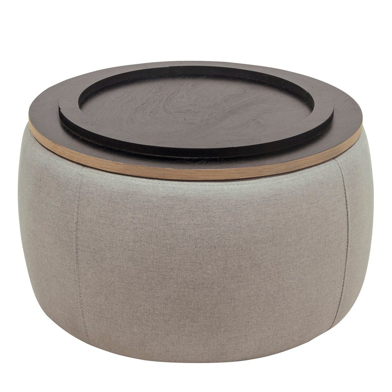 26" Fabric And Wood Reversible Tray Top Round Storage Ottoman - Light Gray