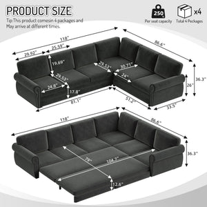 L-Shaped Sofa Couch With Pull Out Bed With Nailhead Trim & Rolled Arm