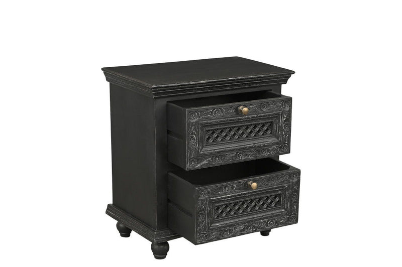 Solid Wood Square Distressed Carved Floral Two Drawer Nightstand - Black