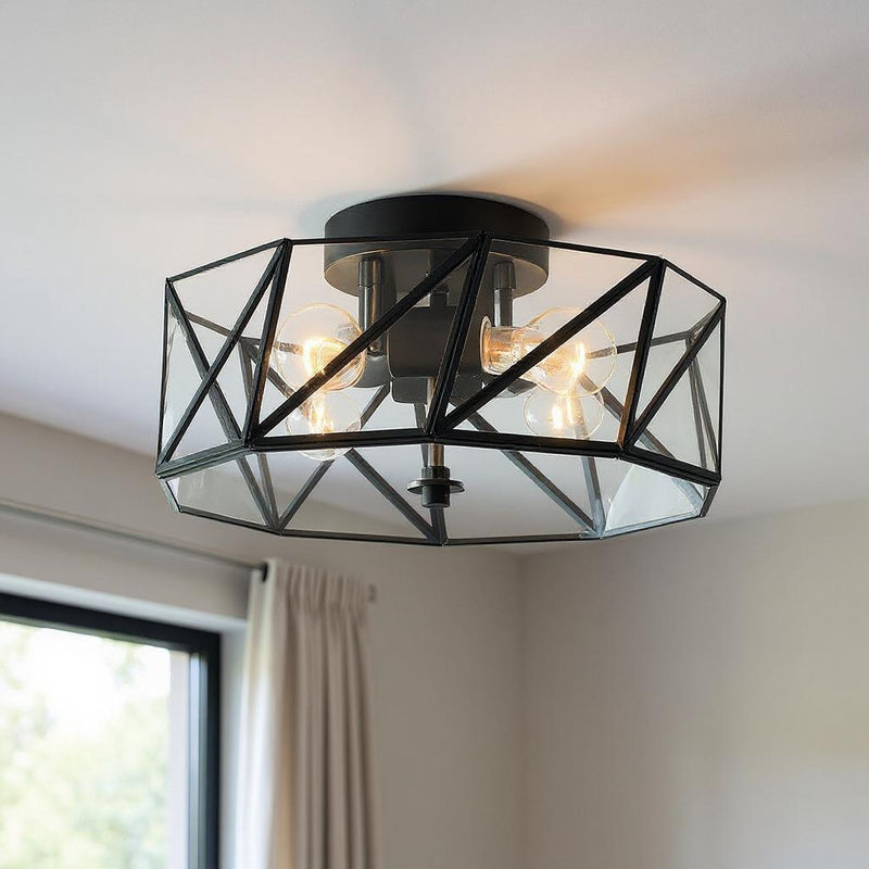 Unique Statement Four Light Metal Dimmable Flush Chandelier With Shades - Black